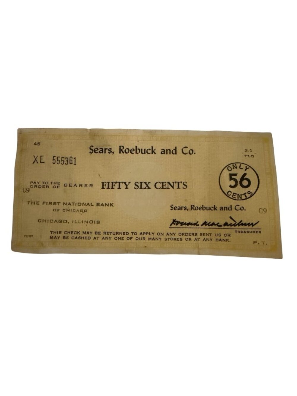 Vintage 1930s 1940s Sears Roebuck 56 Cent Refund Check Uncashed Ephemera